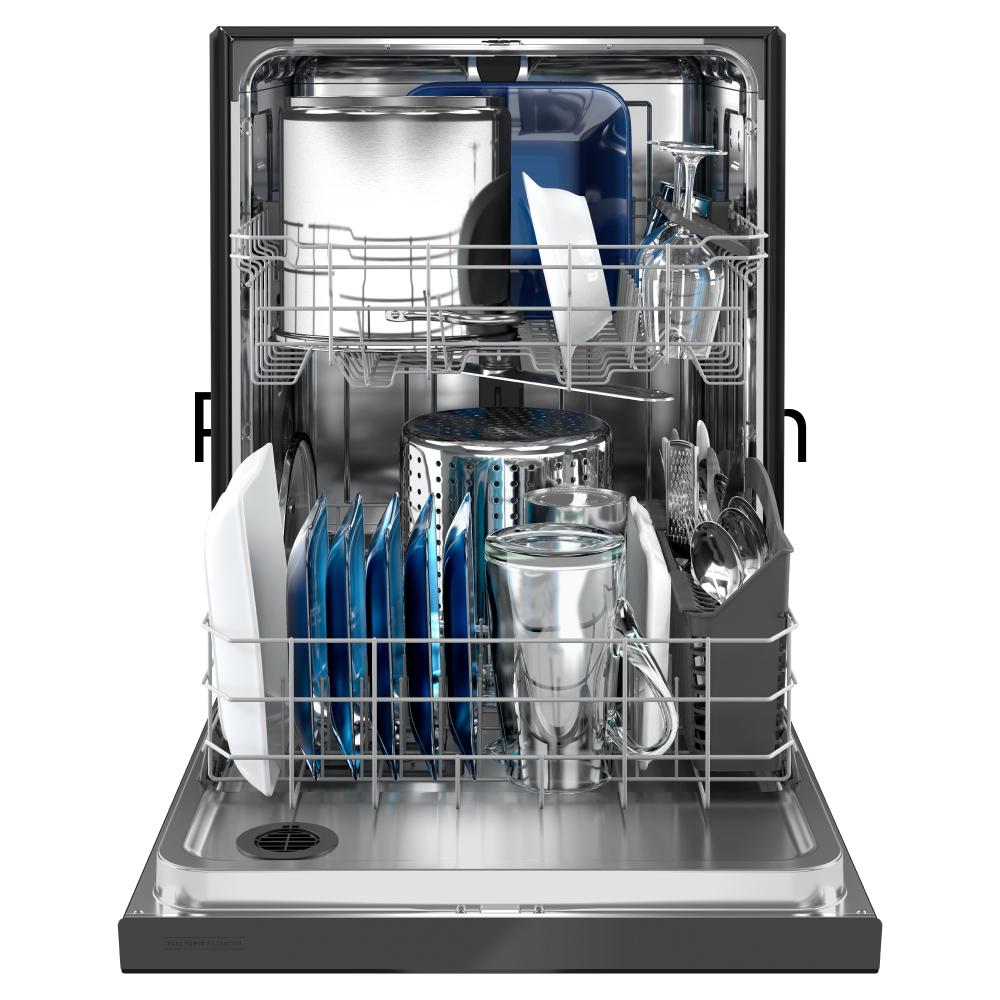 Open stainless steel dishwasher with loaded racks featuring dishes, cups, and utensils in kitchen appliances collection