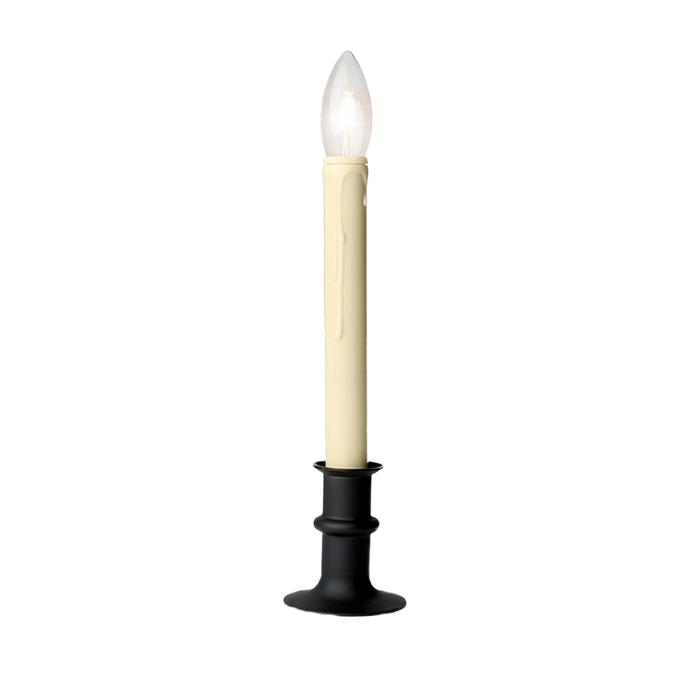 Tall black metal window candle with cream-colored body and flame-shaped bulb for ambient home lighting