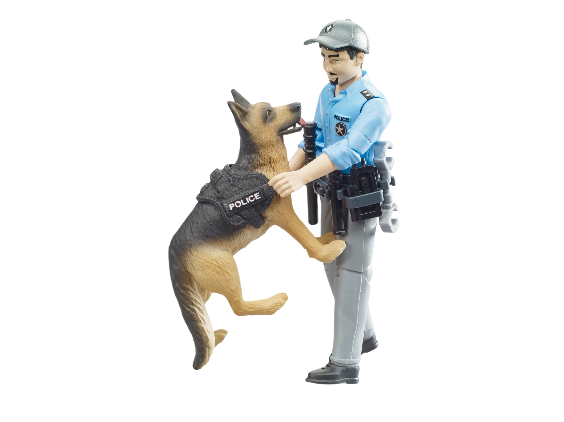 Police officer toy in blue shirt holding a German Shepherd dog figure wearing a black police vest