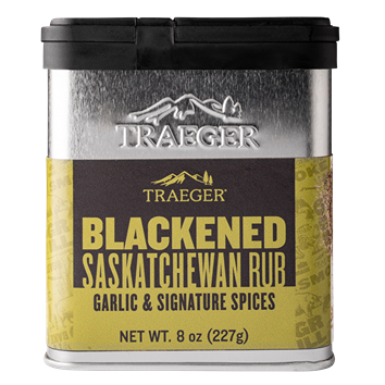 Metal container of Traeger Blackened Saskatchewan Rub with garlic and signature spices for grilling and outdoor living collections