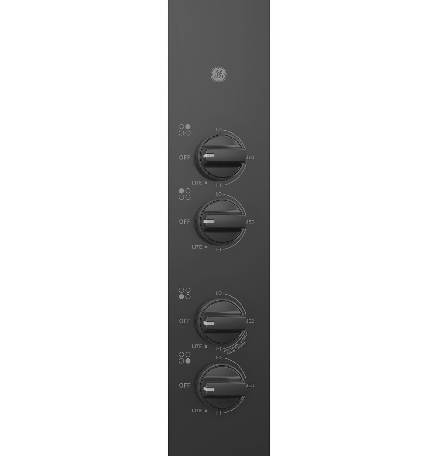 Control panel of black built-in gas cooktop with four rotary knobs and LED indicators in Cooktops and Appliances collections