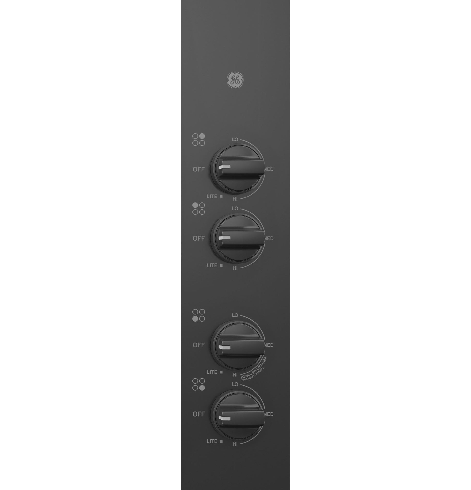 Control panel of black built-in gas cooktop with four rotary knobs and LED indicators in Cooktops and Appliances collections