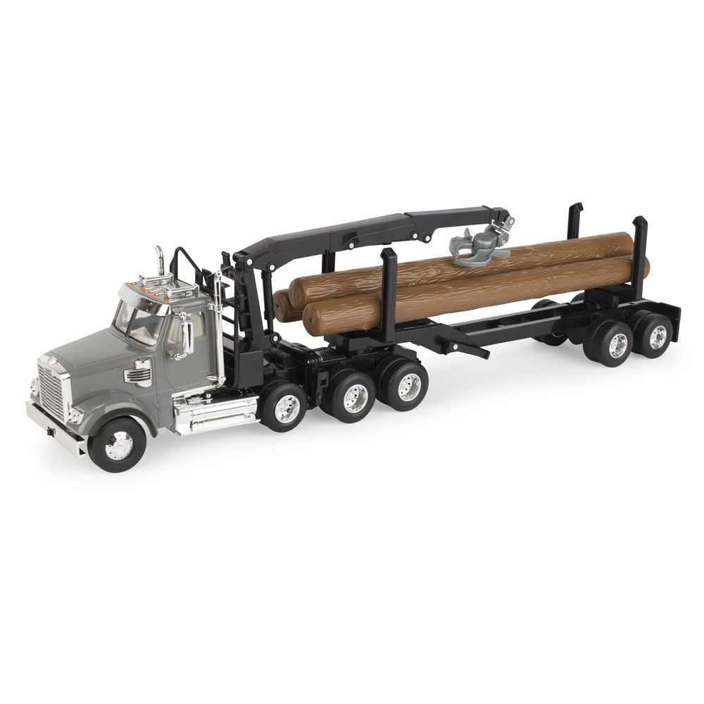 Detailed scale model of a logging truck with crane arm carrying wooden logs for collector display and hobby use