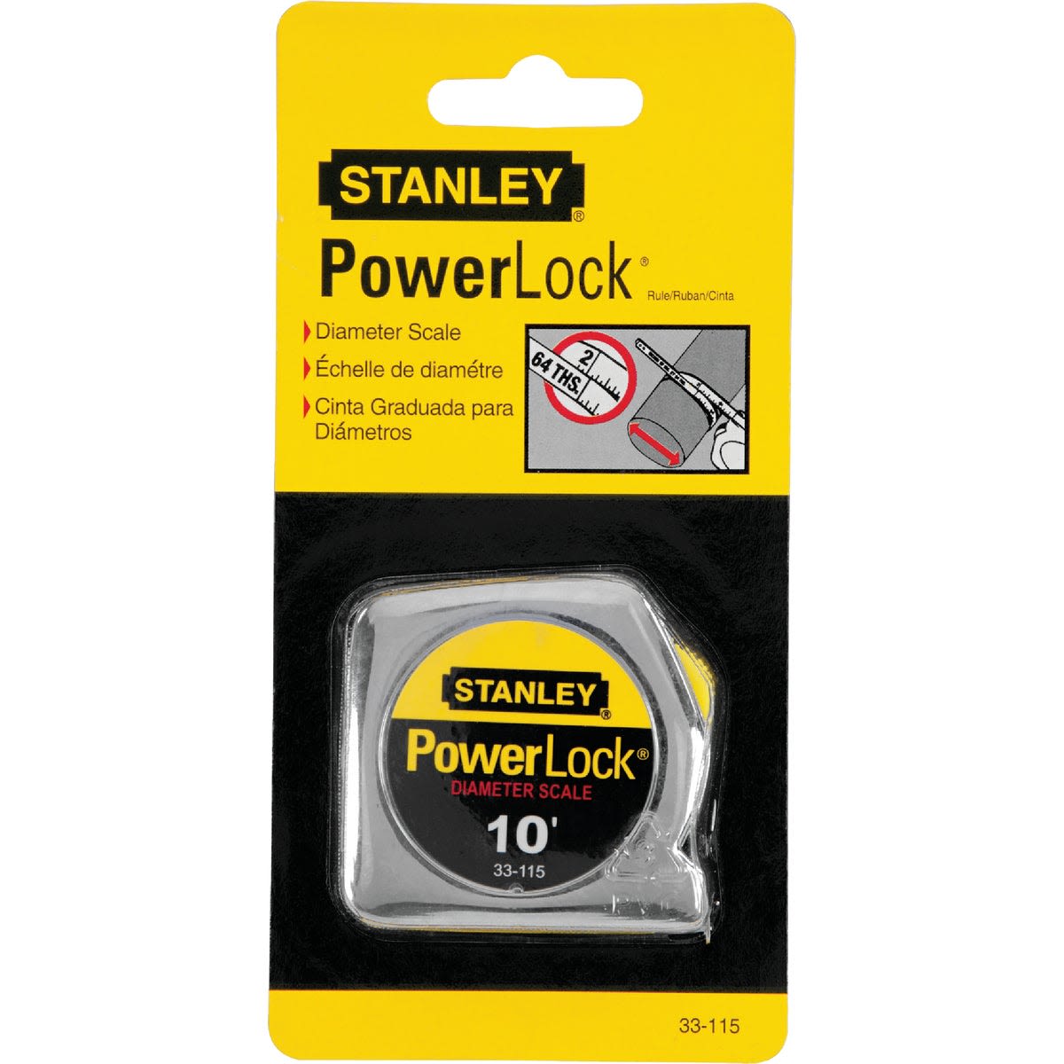 Stanley Powerlock 10 ft. tape measure with diameter scale in yellow and black packaging for home improvement tasks