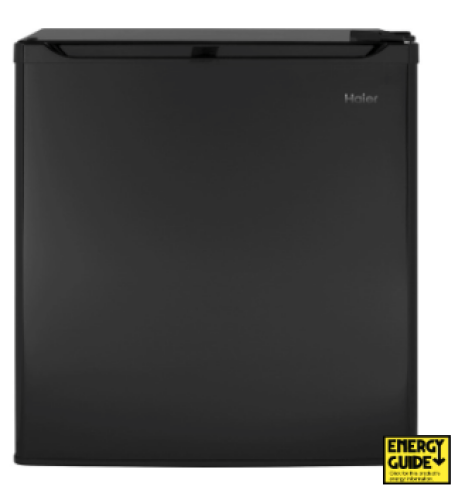 Black compact refrigerator with smooth finish and ENERGY STAR® label for kitchen and mini appliance use.