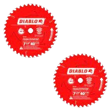 Two red Diablo finishing saw blades with 40 teeth designed for precise woodworking and home improvement tasks.