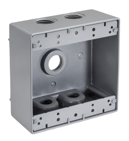 Gray metal weatherproof electrical box with five conduit holes for outdoor home improvement installations