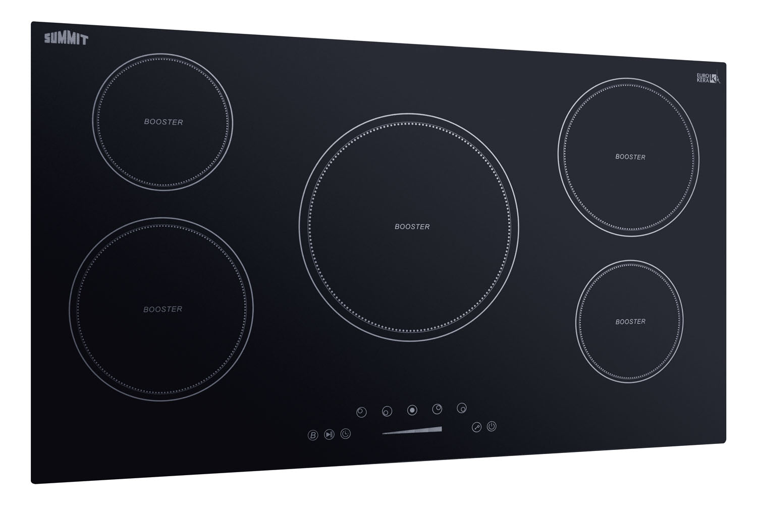 Black 36-inch induction cooktop with five cooking zones and digital touch controls in modern kitchen appliance setting