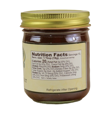 Nutrition facts label on 9 oz. jar of apple butter with gold metal lid in jams and jellies collection