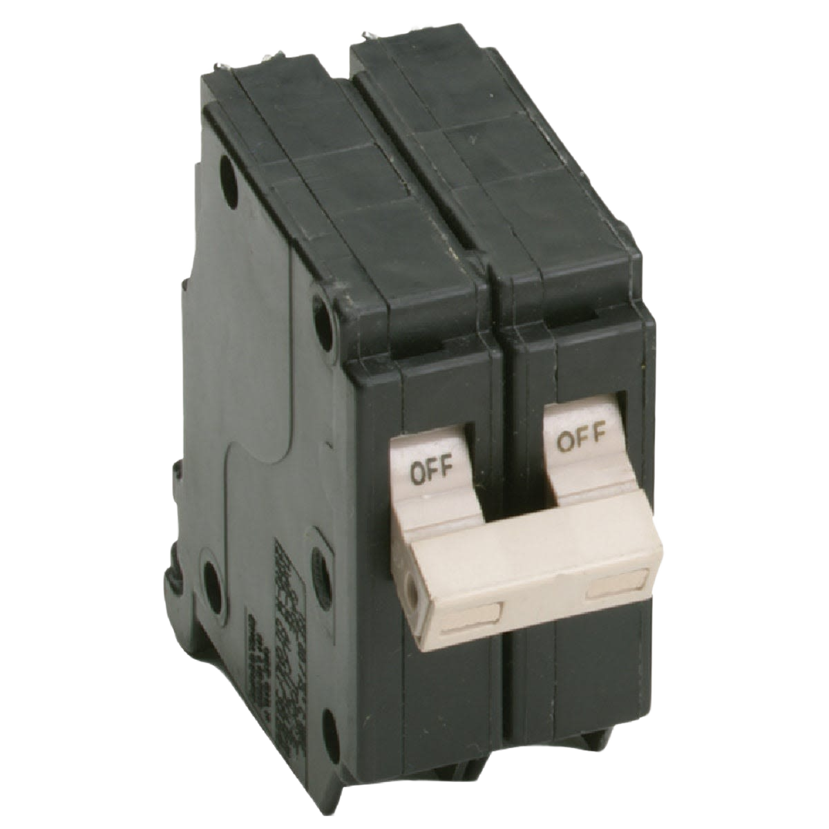 Dual-pole black circuit breaker with white toggle switches for electrical safety in home improvement tasks