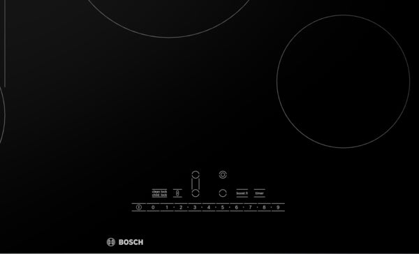Black-glass electric cooktop with touch controls and dual burner outlines for versatile pan sizes in Bosch appliance collection