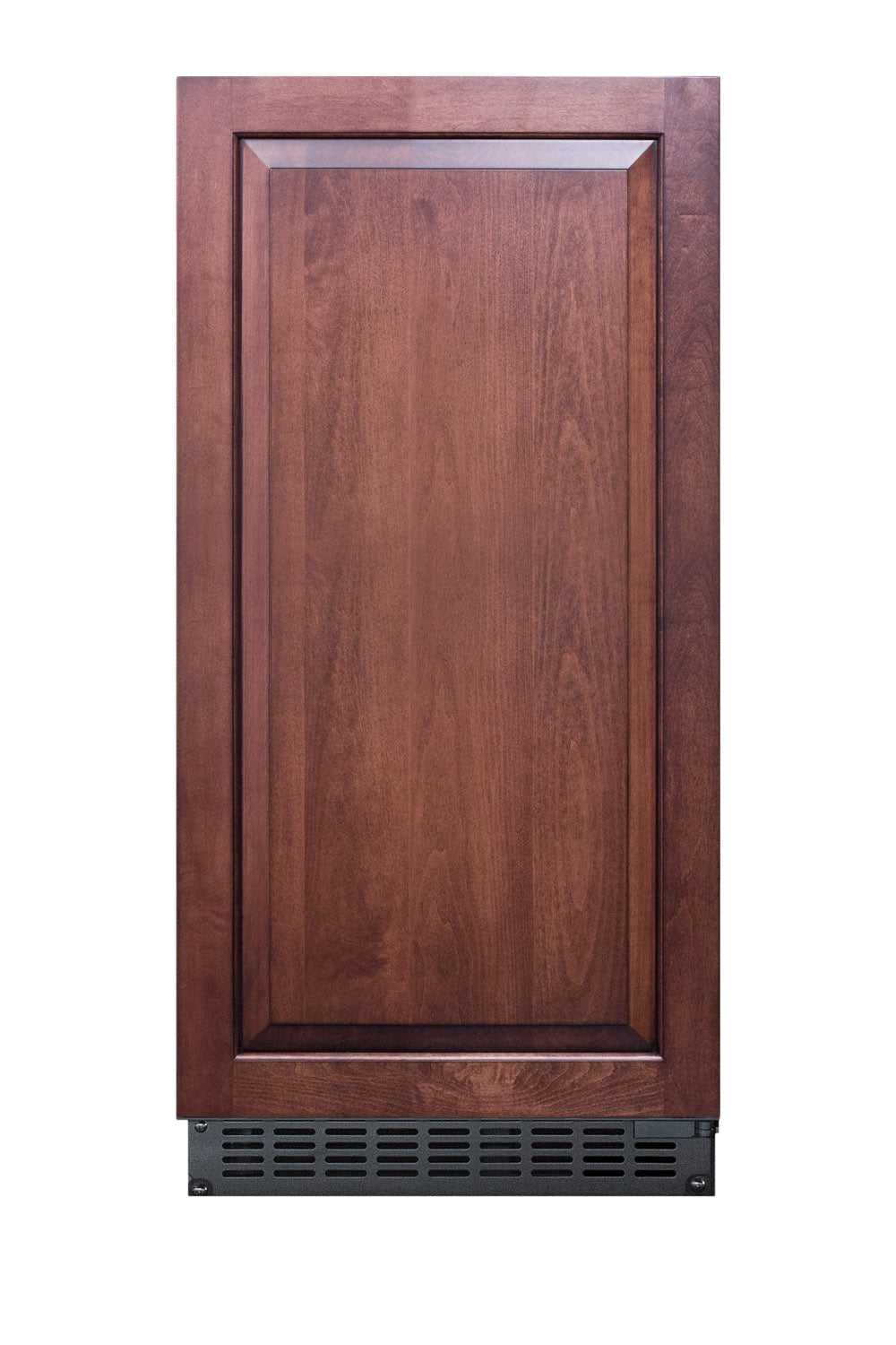 Built-in icemaker with wood panel front and black vent in kitchen appliances and ice makers collection