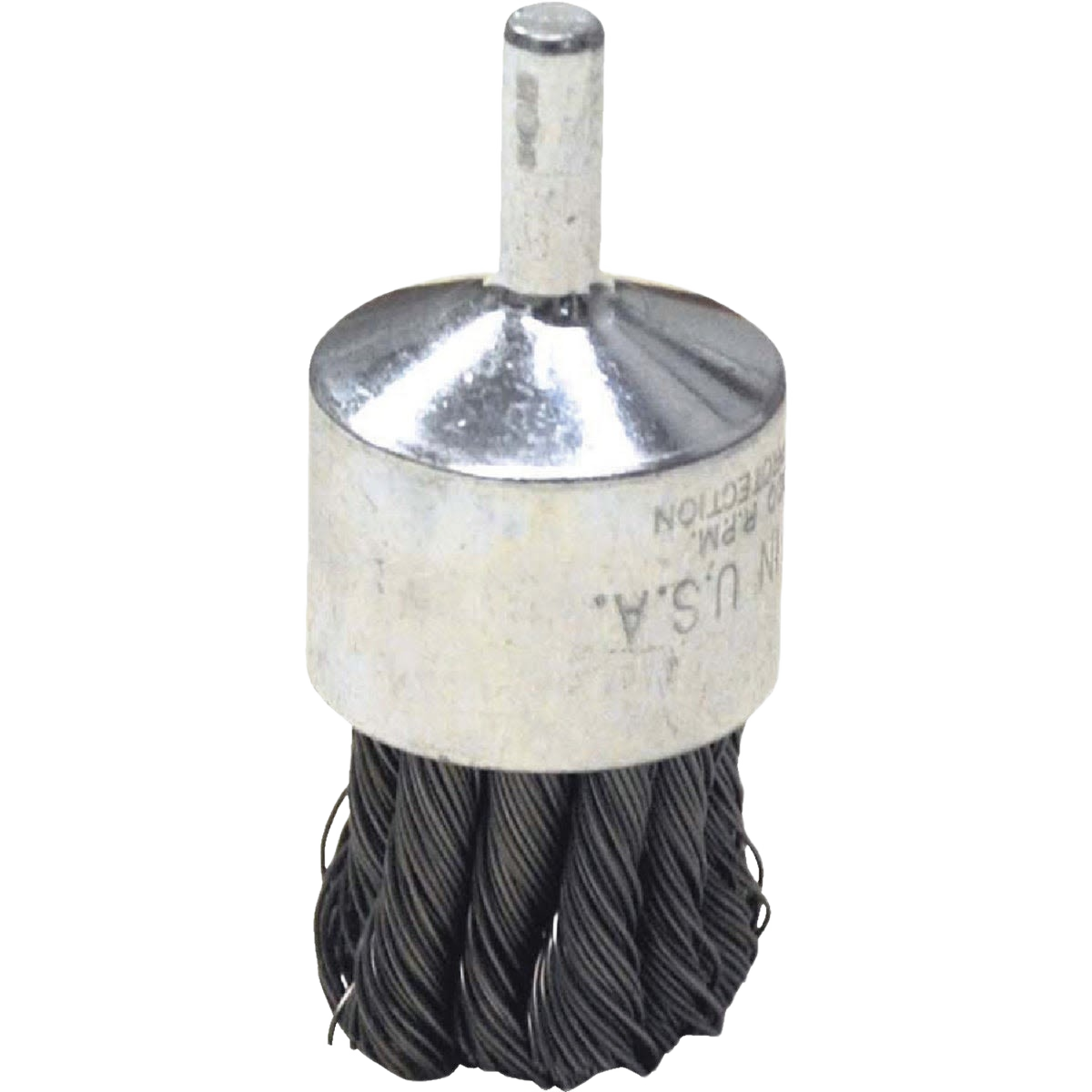 1-inch knot wire end brush with 1/4-inch shank for power tool use in woodworking and home improvement tasks