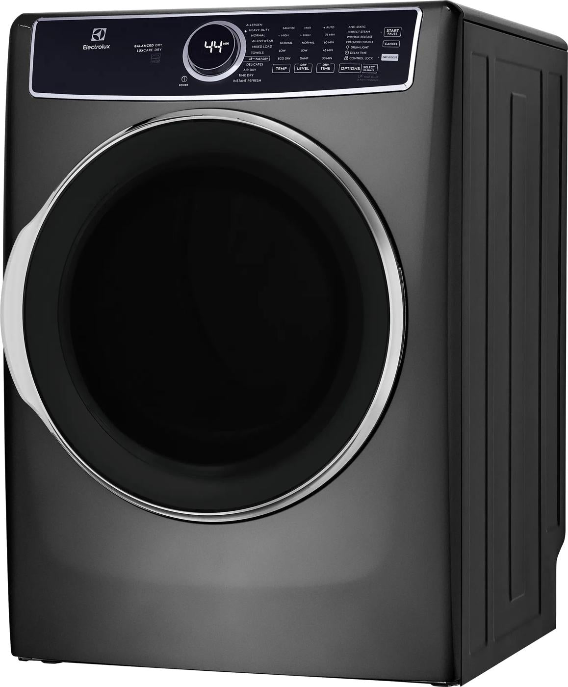 Dark gray front load electric dryer with chrome trim and digital control panel, part of Dryers and Appliances collection