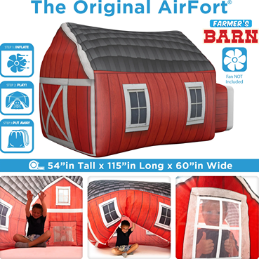 Inflatable red barn play tent with gray roof and white window frames designed for indoor imaginative play areas