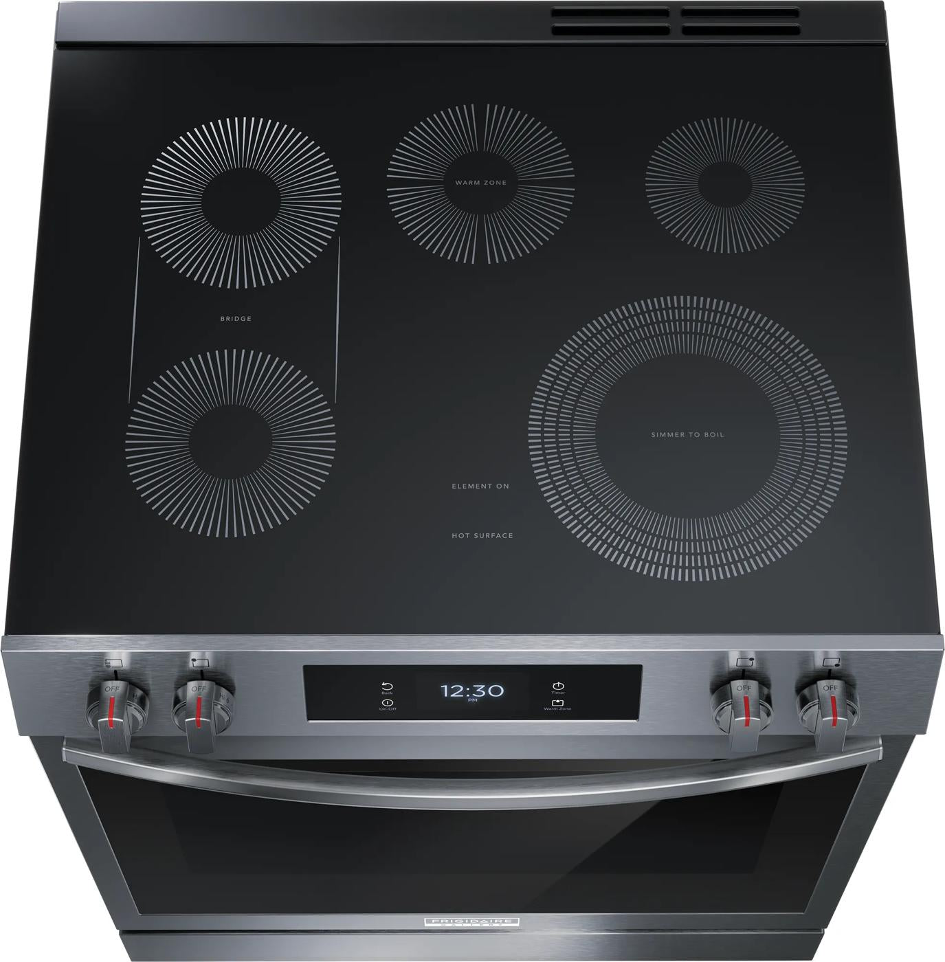 Electric range with smooth black ceramic glass cooktop and front control knobs in kitchen appliances collection