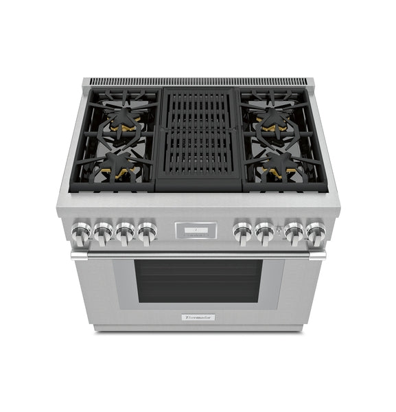 Stainless steel dual fuel range with five burners, central grill, and digital display from Thermador ranges collection