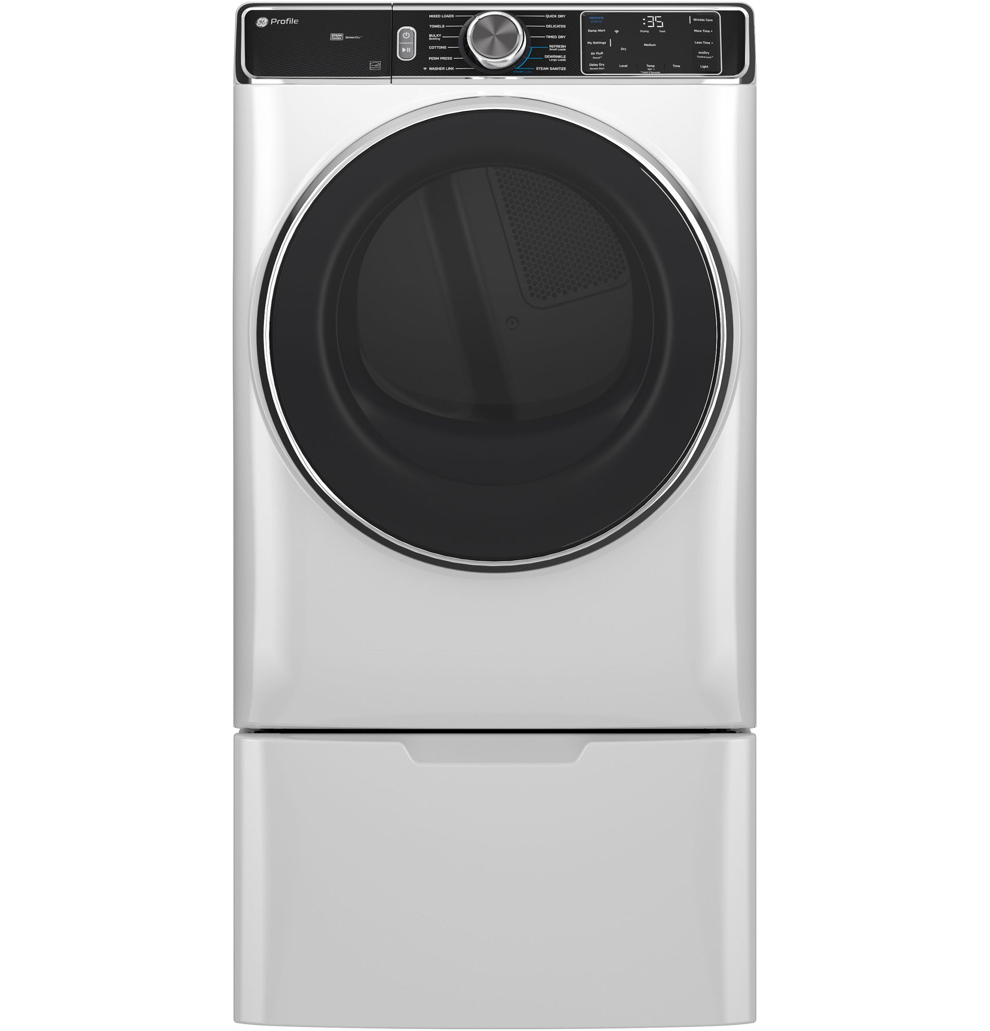 White smart front load gas dryer with digital controls and large tinted door in modern appliances setting