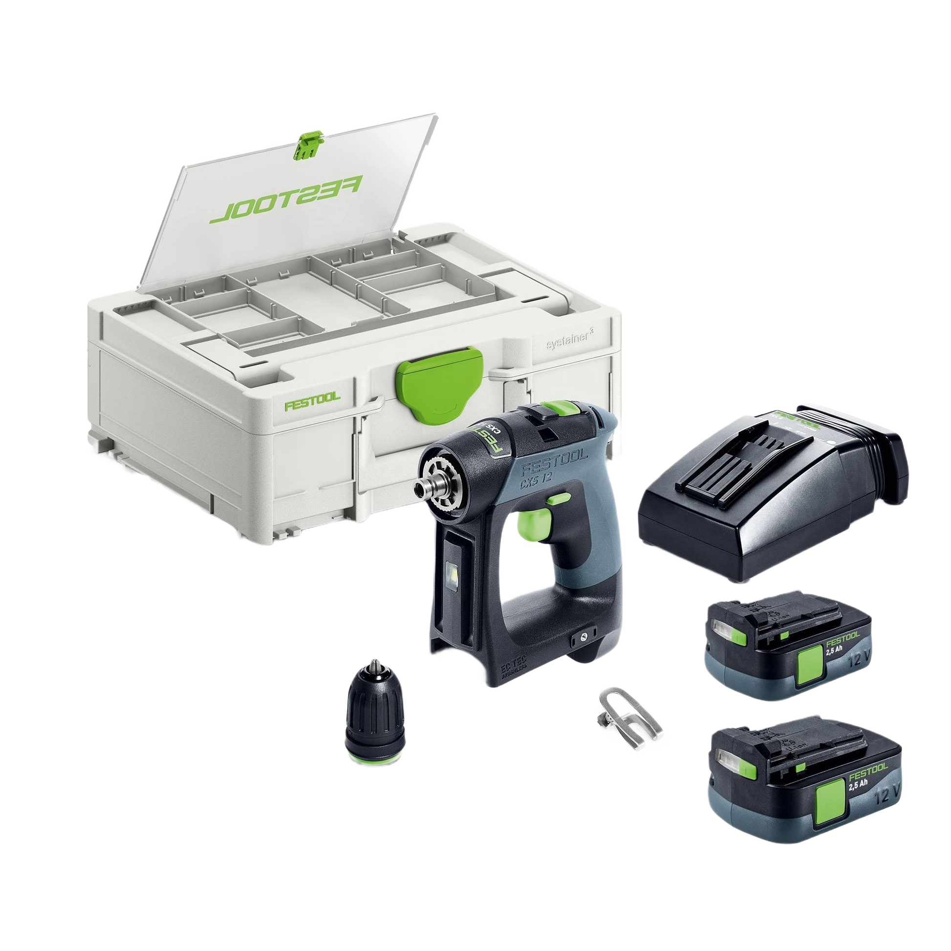 Cordless compact drill with ergonomic grip, two batteries, charger, accessories, and storage case for woodworking power tools.