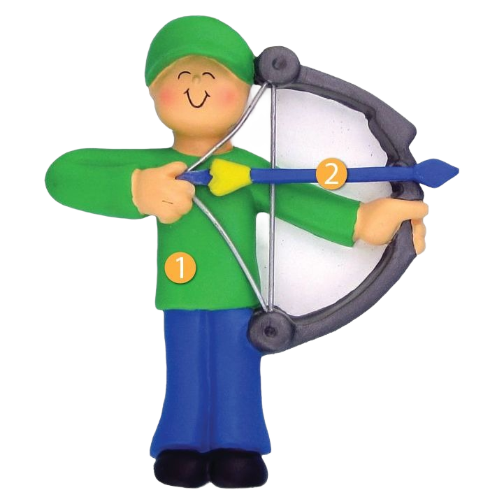 Smiling male figurine in green outfit aiming a bow and arrow in Christmas Ornaments & Tree Decorations collection