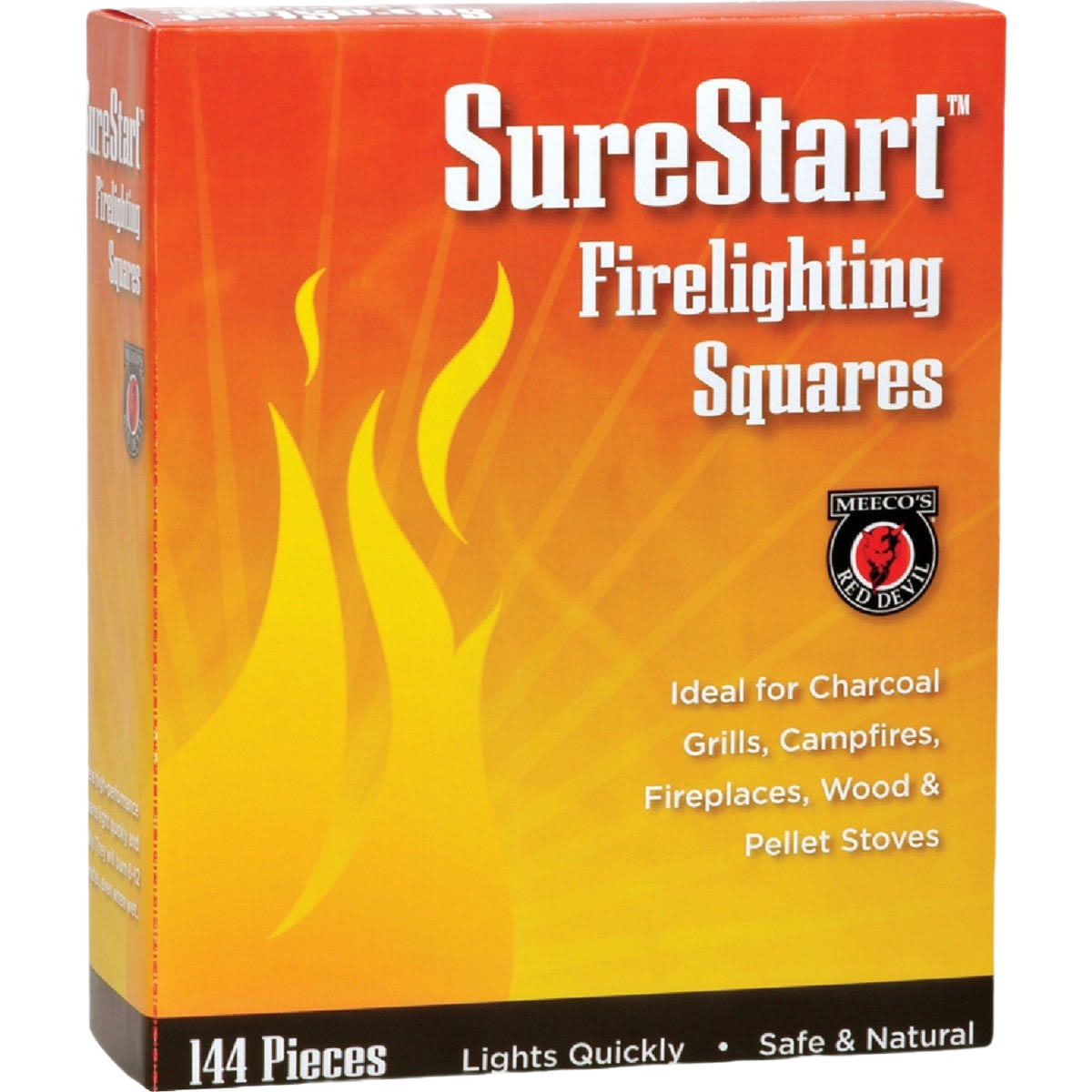 Orange box of firelighting squares with flame graphic, designed for quick, safe fire starting in home improvement tasks