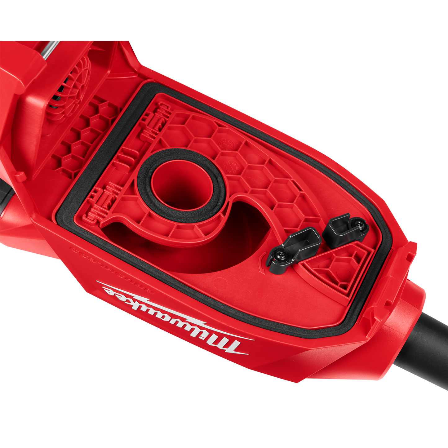Red Milwaukee handheld vacuum component with a sealed dust chamber and black latch mechanism, designed for efficient jobsite cleanup in cleaning supplies at Hartville Hardware.