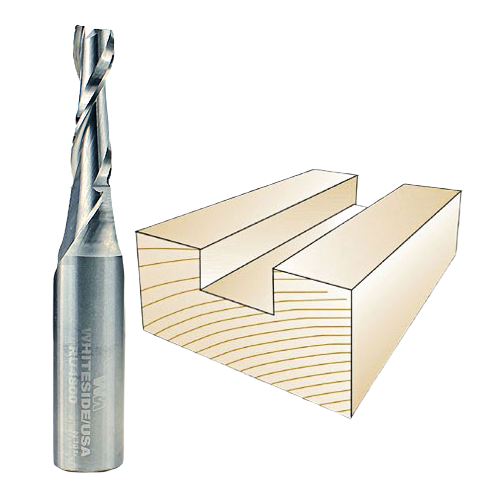 Spiral upcut router bit for precise wood cutting shown with illustrative wood groove, tool accessory for home improvement.