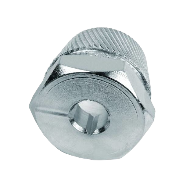 Close-up of a metal drain extractor tool part with a knurled grip designed for home improvement use