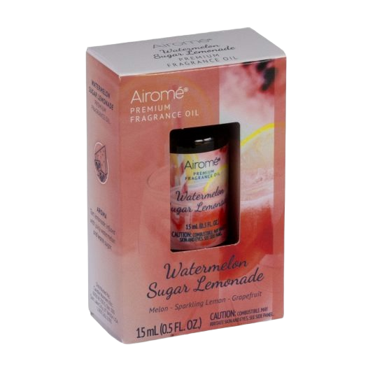 15 ml bottle of Airome Watermelon Sugar Lemonade fragrance oil in a peach-colored retail box packaging