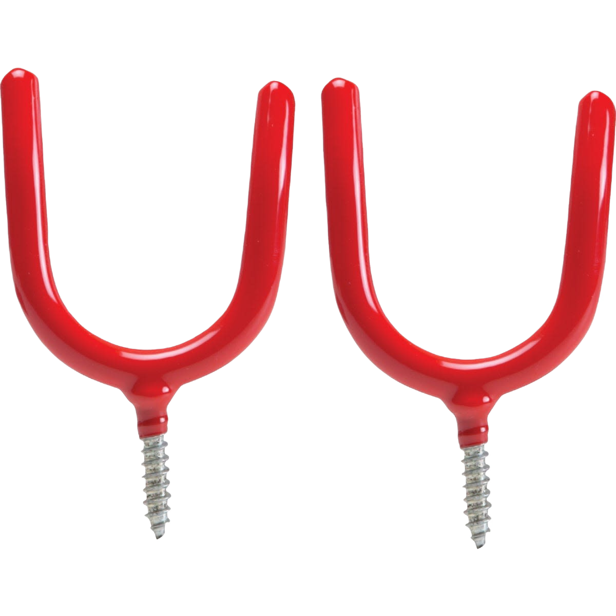 Pair of red vinyl-coated screw-in tool hooks designed for durable home improvement and storage organization solutions