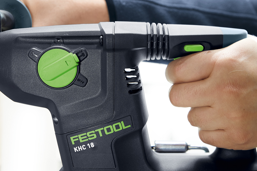 Festool cordless rotary hammer drill with green mode selector and ergonomic handle for woodworking power tools collection