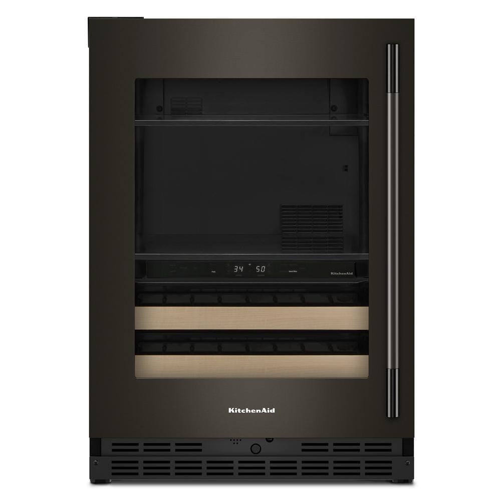 24-inch KitchenAid beverage center with glass door, wood-front racks, digital controls, and stainless steel handle