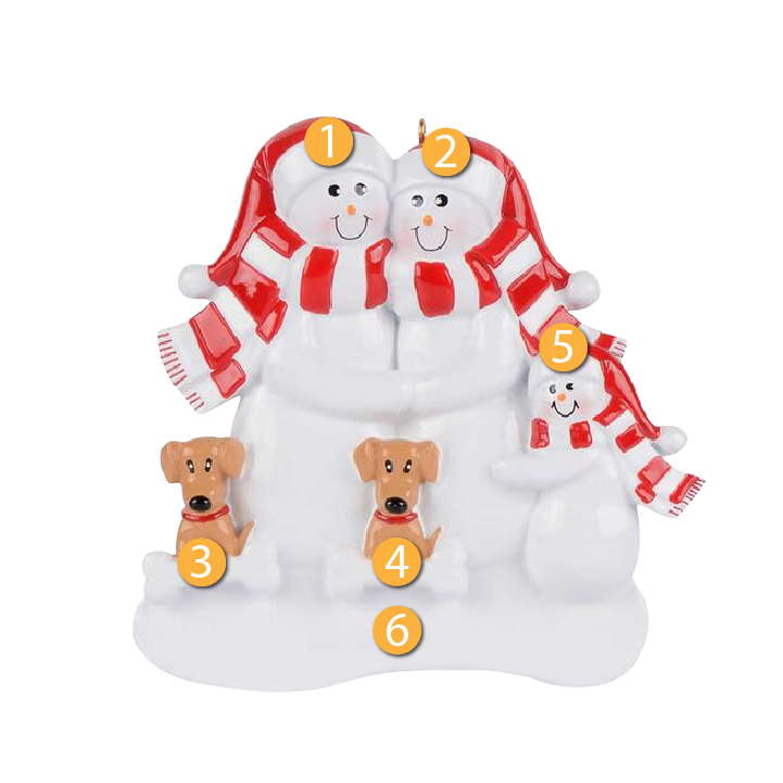 Snow family of three in red and white scarves with two tan dogs, Christmas ornament under $50 for tree décor