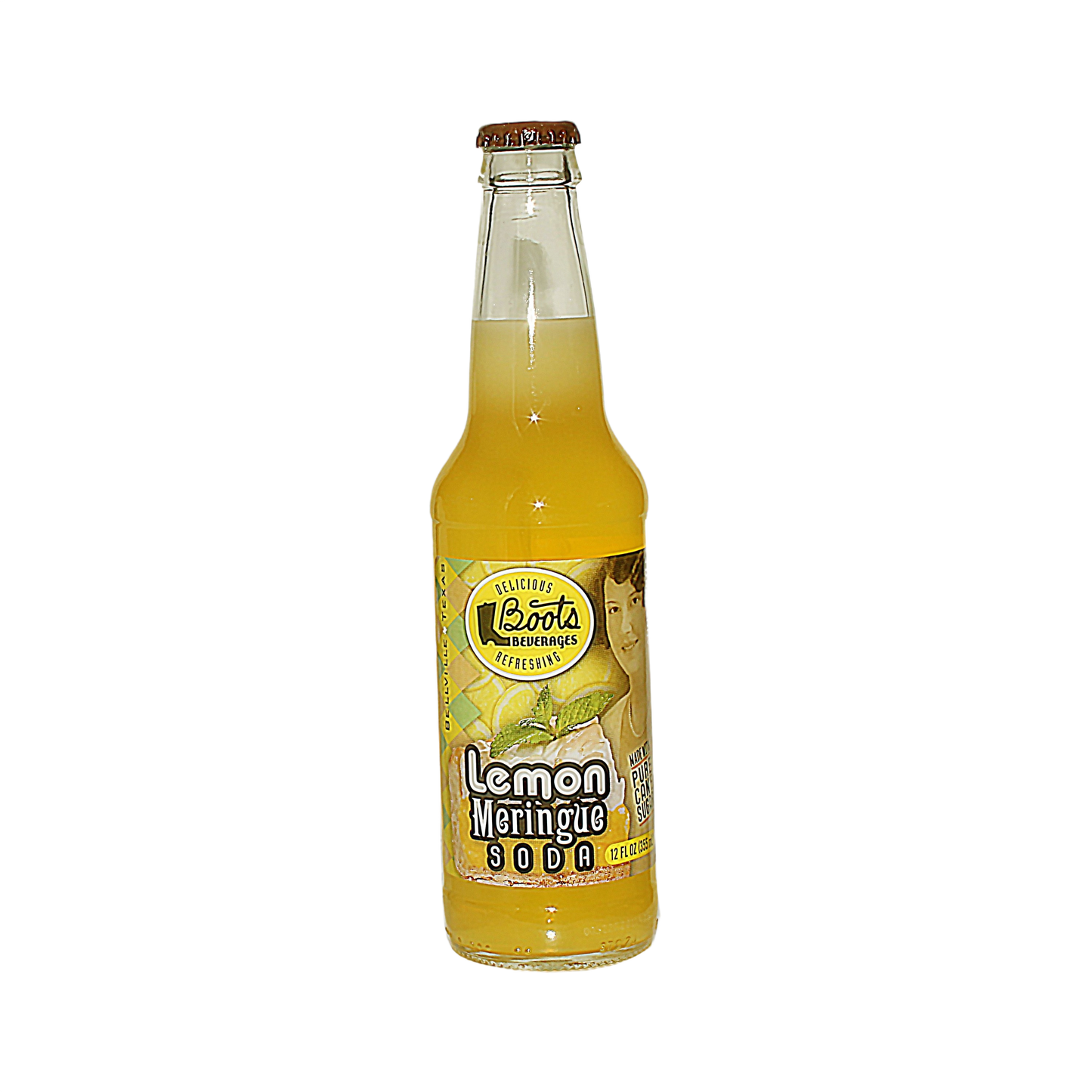 Clear glass bottle of citrus-flavored soda with bright yellow liquid for Drinks and Food & Beverage collections under $50