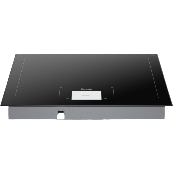 Dark gray induction cooktop with smooth surface and digital control panel from Thermador appliances collection