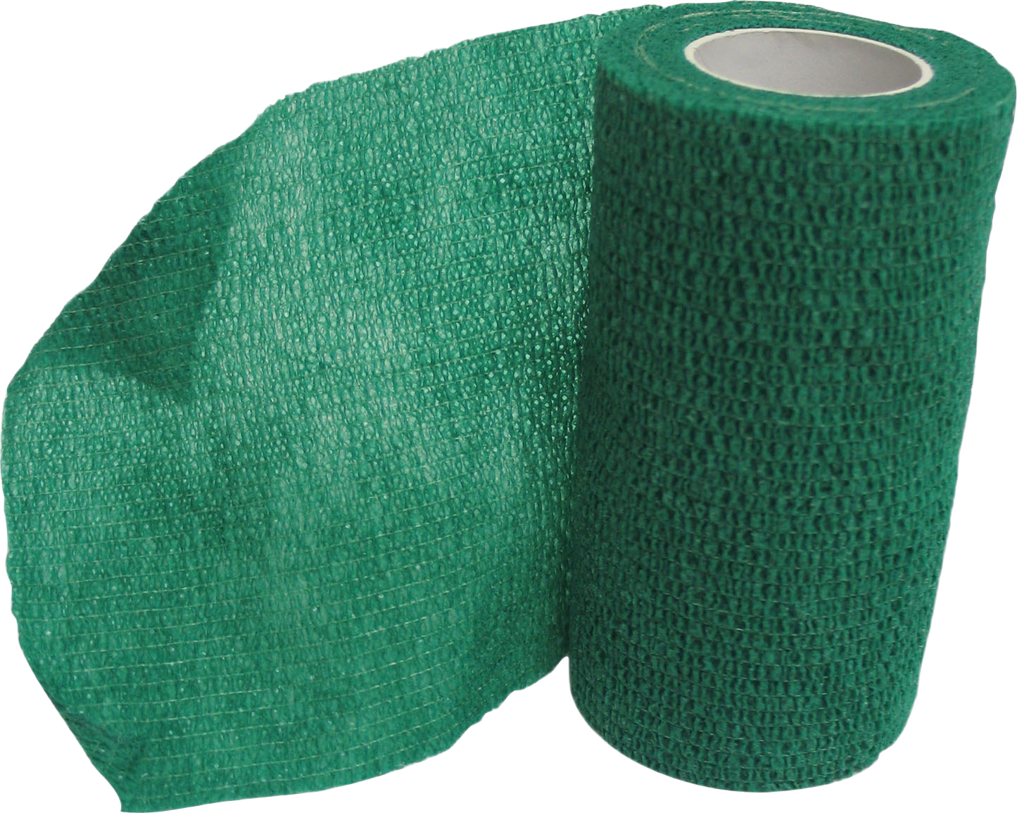Roll of green flexible bandage wrap partially unrolled for animal care and wound protection use