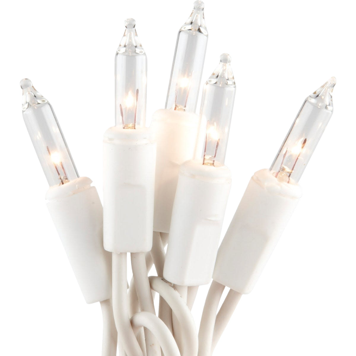 Close-up of clear mini incandescent flashing bulbs with white bases for Christmas Lights and holiday decor under $50 collections
