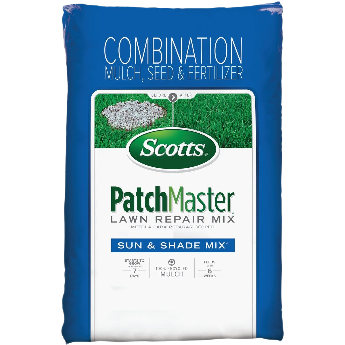 Blue bag of Scotts PatchMaster lawn repair mix with mulch, seed, and fertilizer for sun and shade lawn care.
