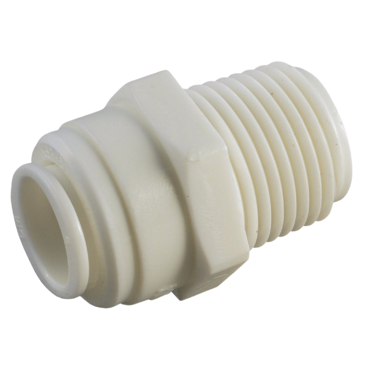 White plastic push-in plumbing connector with threaded end for pipes and fittings in under $50 category