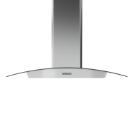 Wall-mounted curved glass chimney range hood in stainless steel with LED lighting, designed for modern kitchens, part of Range Hoods and Kitchen & Kitchenware collections.
