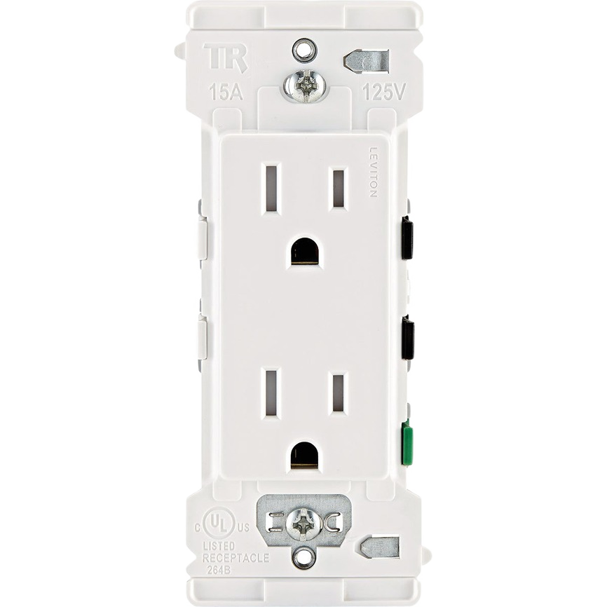 White duplex electrical outlet with tamper-resistant shutters and metal mounting frame for home improvement projects