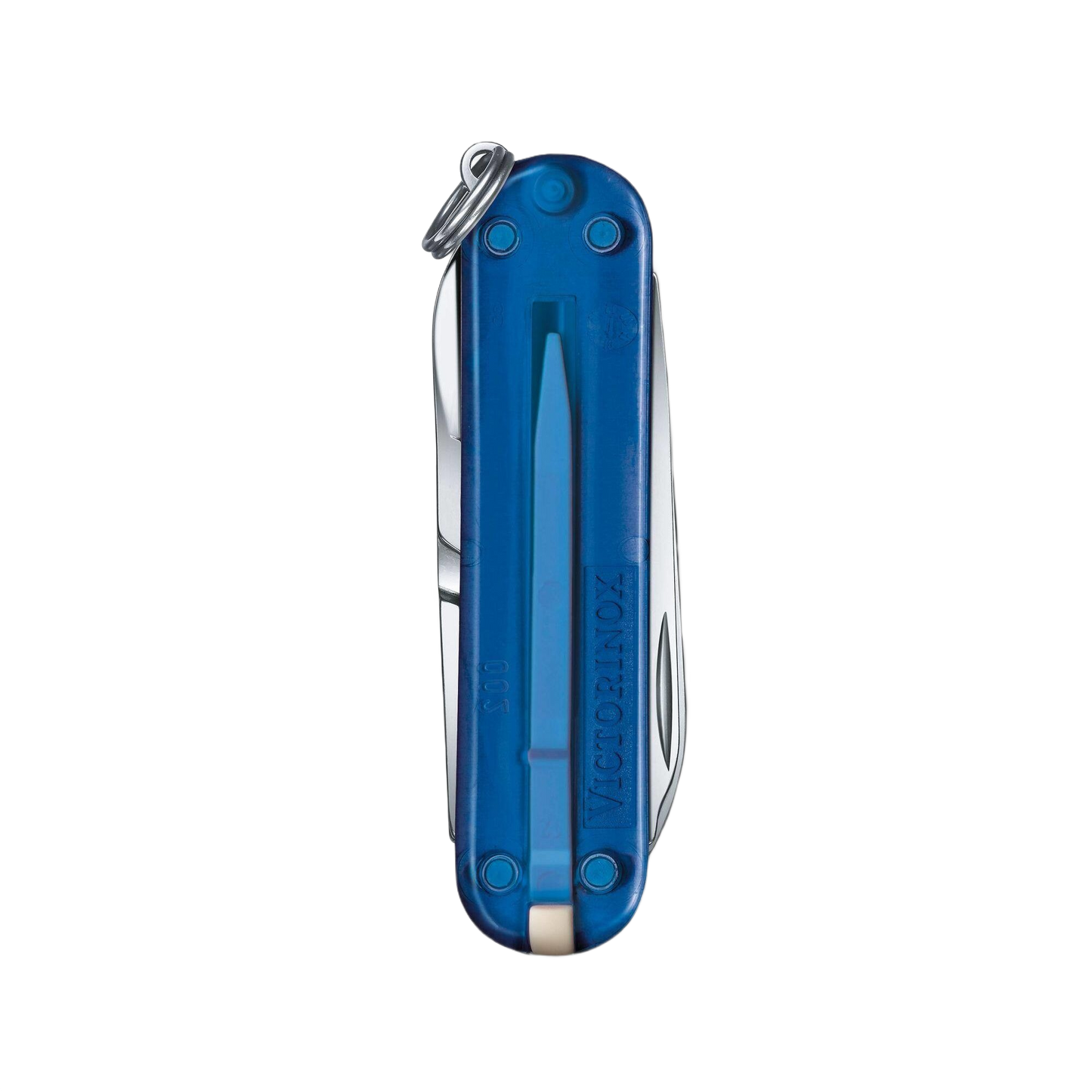 Compact translucent blue multi-tool pocket knife with tweezers and small blade for cutting and woodworking tasks
