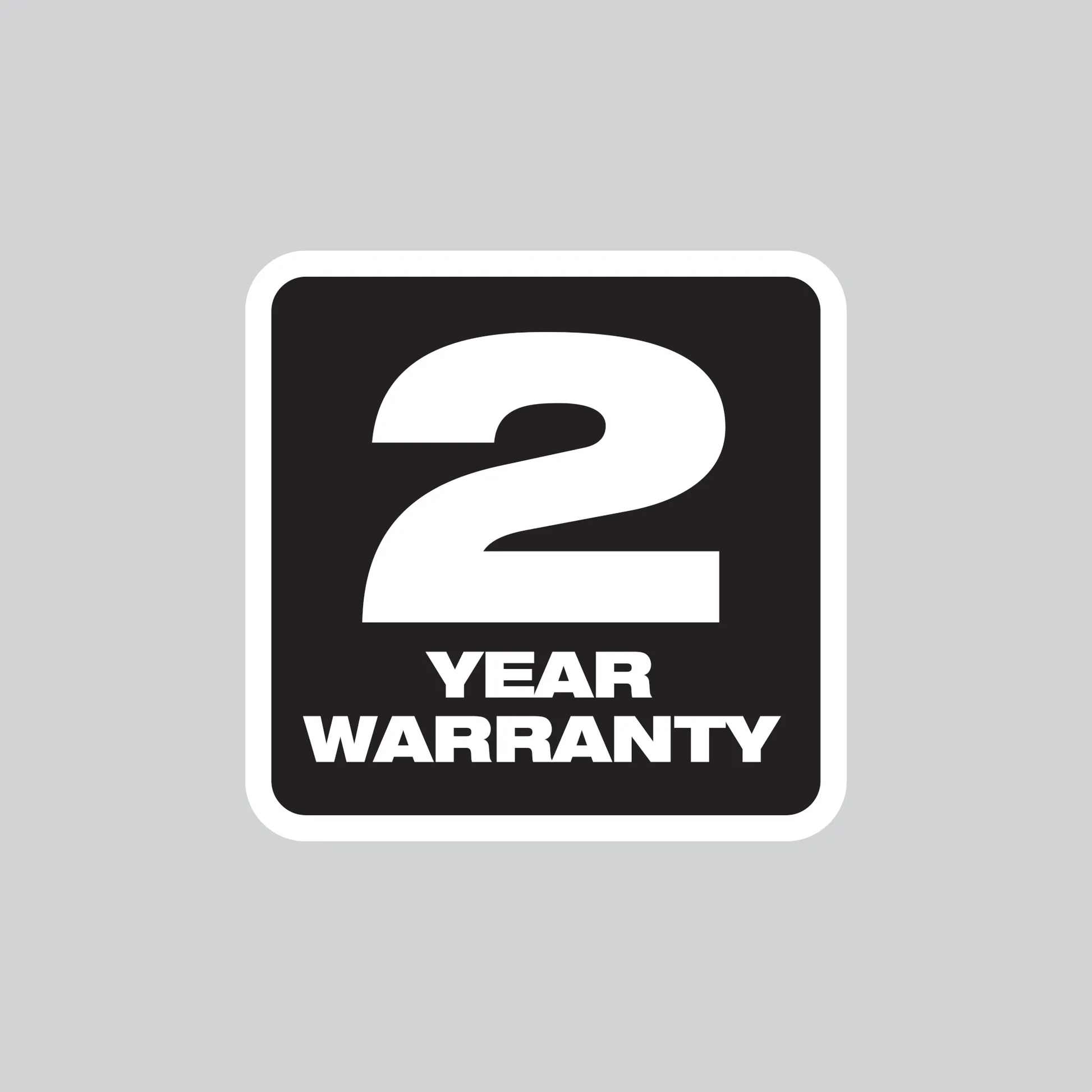 Black and white badge displaying a two year warranty for tools and home improvement products