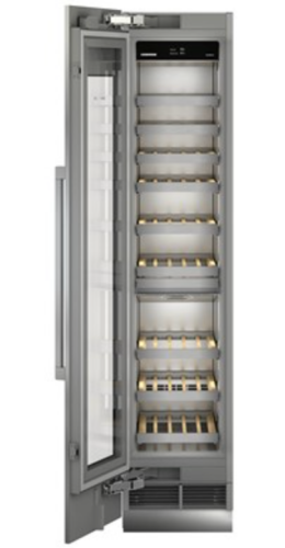 18-inch fully integrated panel-ready wine refrigerator with glass door and adjustable wooden shelves in Appliances collection