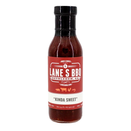 Bottle of Lane's BBQ sauce labeled "Kinda Sweet" for grilling and outdoor cooking under $50 collections
