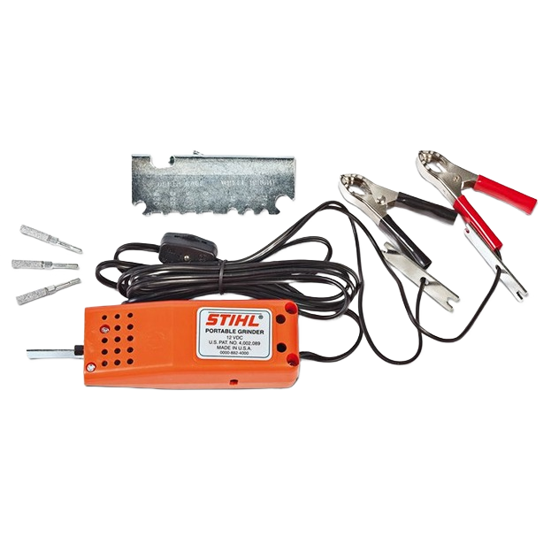Orange portable 12 volt chain grinder with attachment clips and metal gauge for saw accessories collection under $100