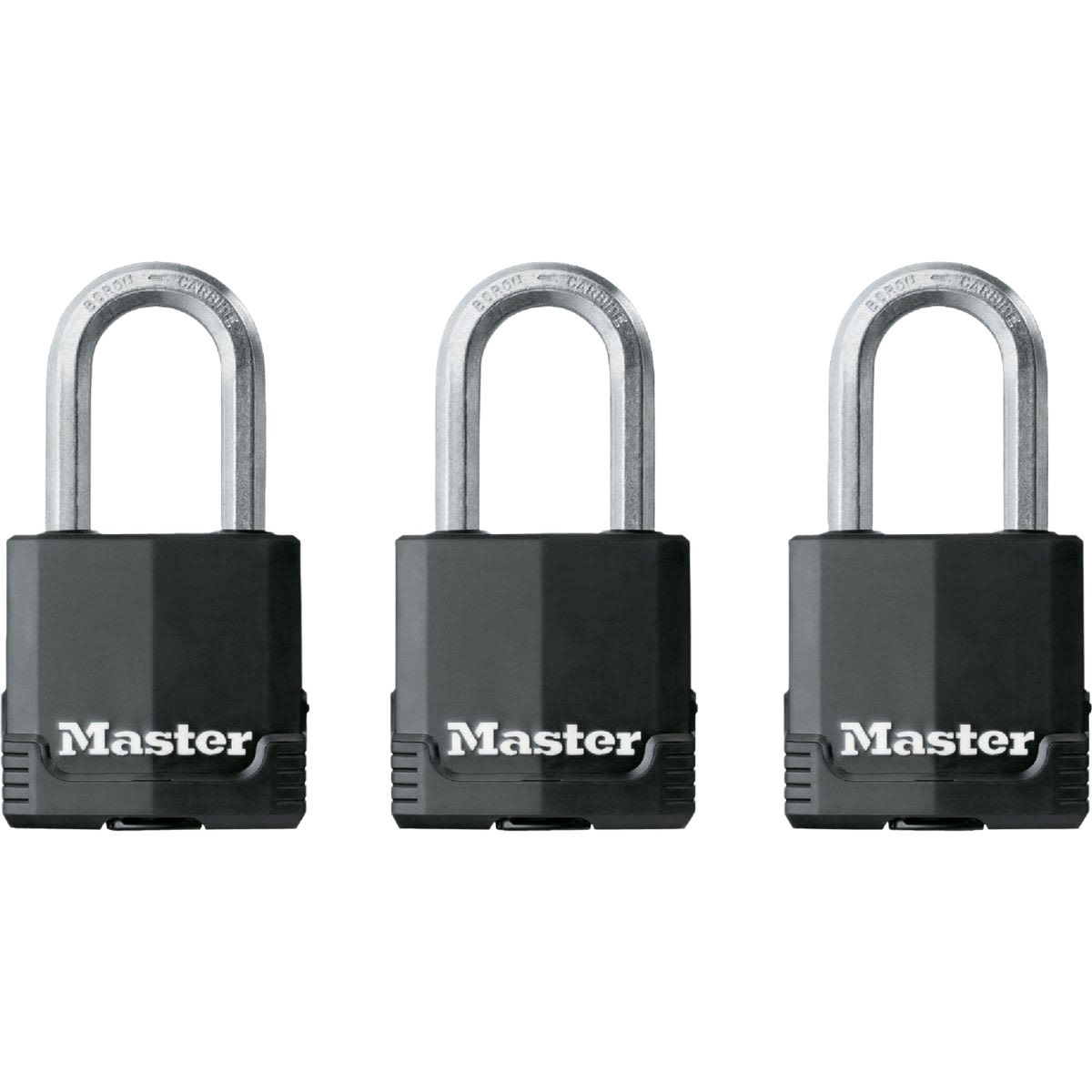 Three steel keyed padlocks with black bodies and silver shackle for home improvement and security use