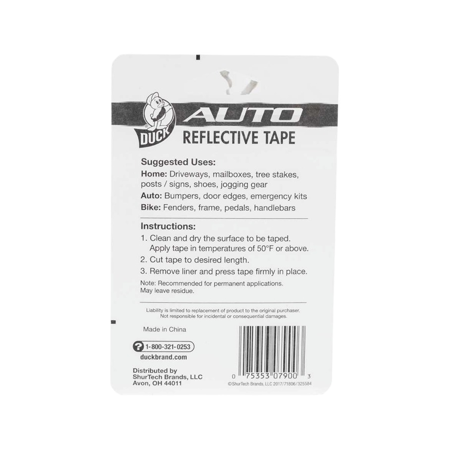 Packaging of Duck white reflective tape with usage instructions for home, auto, and bike safety applications in hardware supplies.