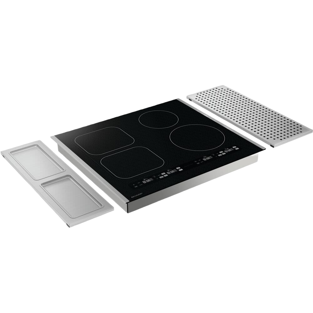 Black induction cooktop with four heating zones and touch-sensitive controls in kitchen appliance collection