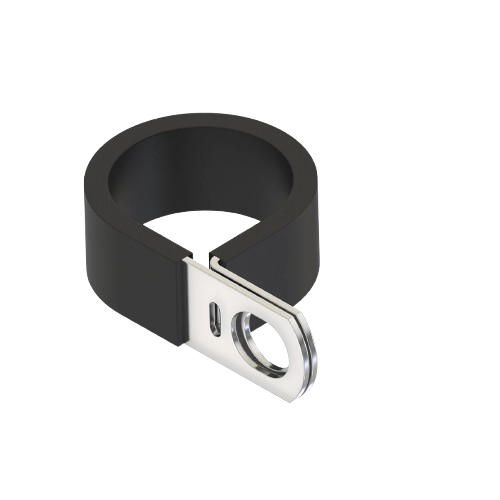 Black rubber-lined clamp with metal fastening bracket for use in John Deere Parts & Accessories and hardware collections